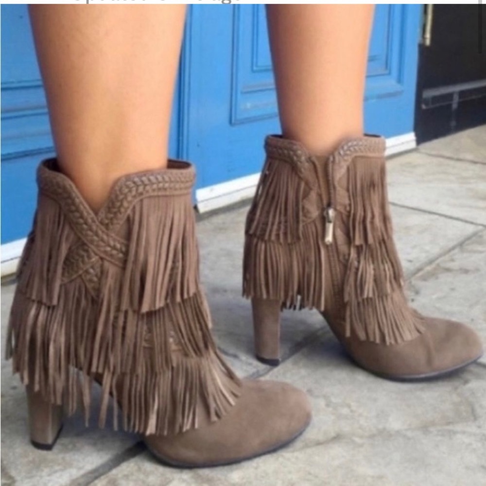 SAM EDELMAN “Kaleb” Taupe Fringe Suede Leather Ankle Booties Size 8.5 - Picture 4 of 16